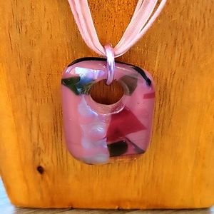 Pink Aqua Multi Fused Glass Handmade Artisan Donut Pendant